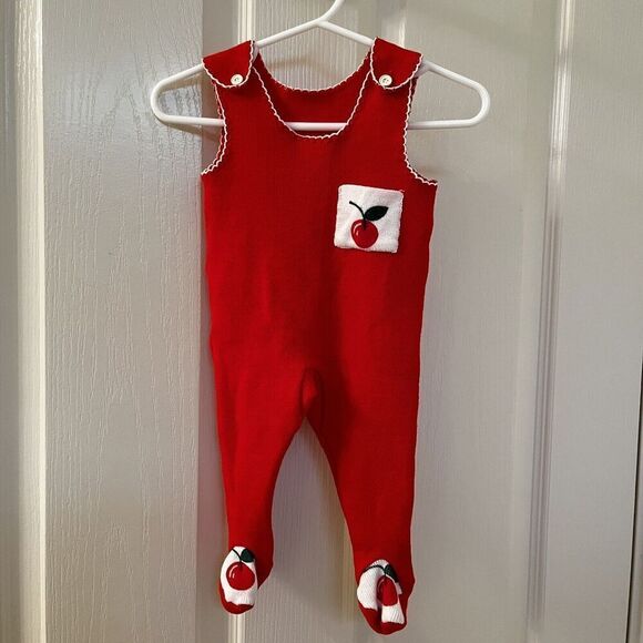 Vintage Absorba Red Cherry Sweater One Piece Footed Romper Girls Size 6 Months - Picture 1 of 14
